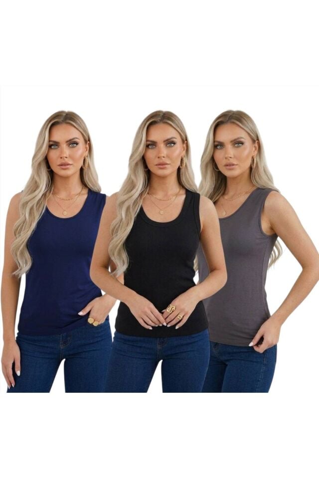 3’lü U Yaka Kadın Basic Body Renkli Kombin Seti Lacivert - Siyah - Antrasit - L/Xl