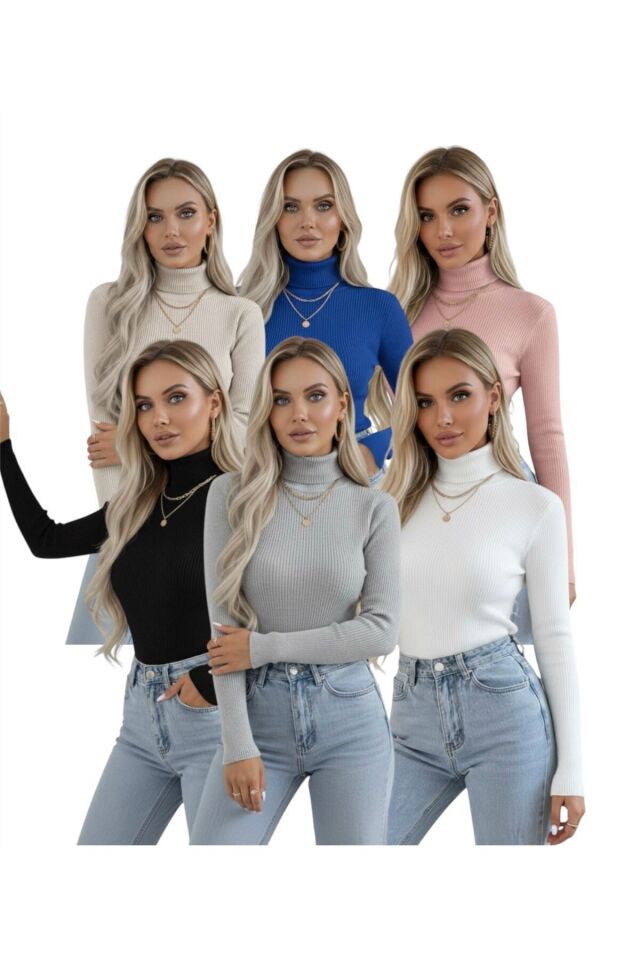 Kadın Kazak Boğazlı Body – 6 Adet 6 Renk Avantajlı Paket Slim Fit Basic Rahat Şık Siyah Beyaz Gri Pembe Mavi Bej - S/M