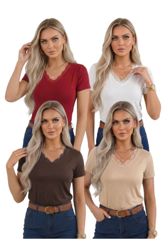 Kadın V Yaka Kısa Kol Body VİSKON Dantel İşlemeli Body Tişört 4'lü Fırsat Paketi Kırmızı Beyaz Kahve Bej - L/Xl