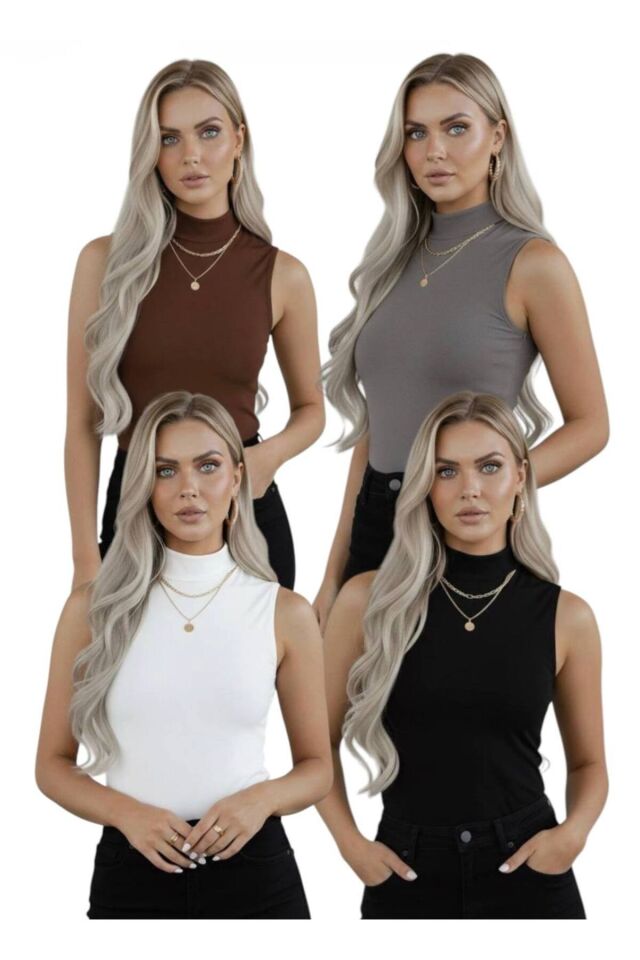 Kadın 4'lü Sıfır Kol Kolsuz Body VİSKON Boğazlı Body 4 Adet Balıkçı Siyah-Beyaz-kahverengi-Gri Siyah Beyaz Kahverengi Gri - XS
