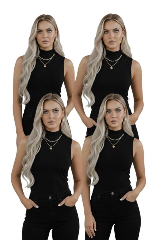 Kadın 4'lü Sıfır Kol Kolsuz Body VİSKON Boğazlı Body 4 Adet Balıkçı Siyah-Beyaz-kahverengi-Gri Siyah Siyah Siyah Siyah - M
