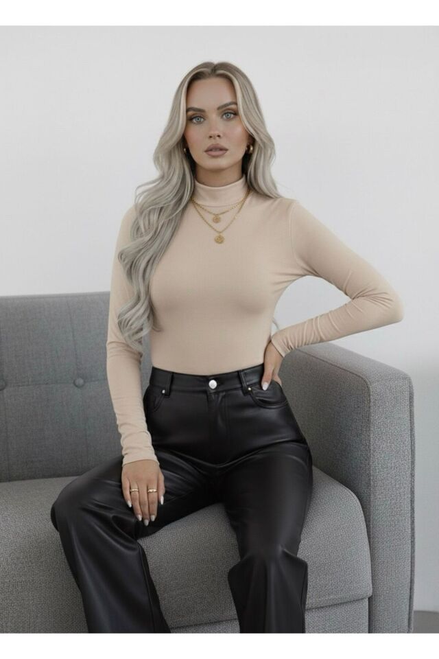 Kadın Balıkçı Yaka Uzun Kollu Body – Basic Düz Model Bej - XL